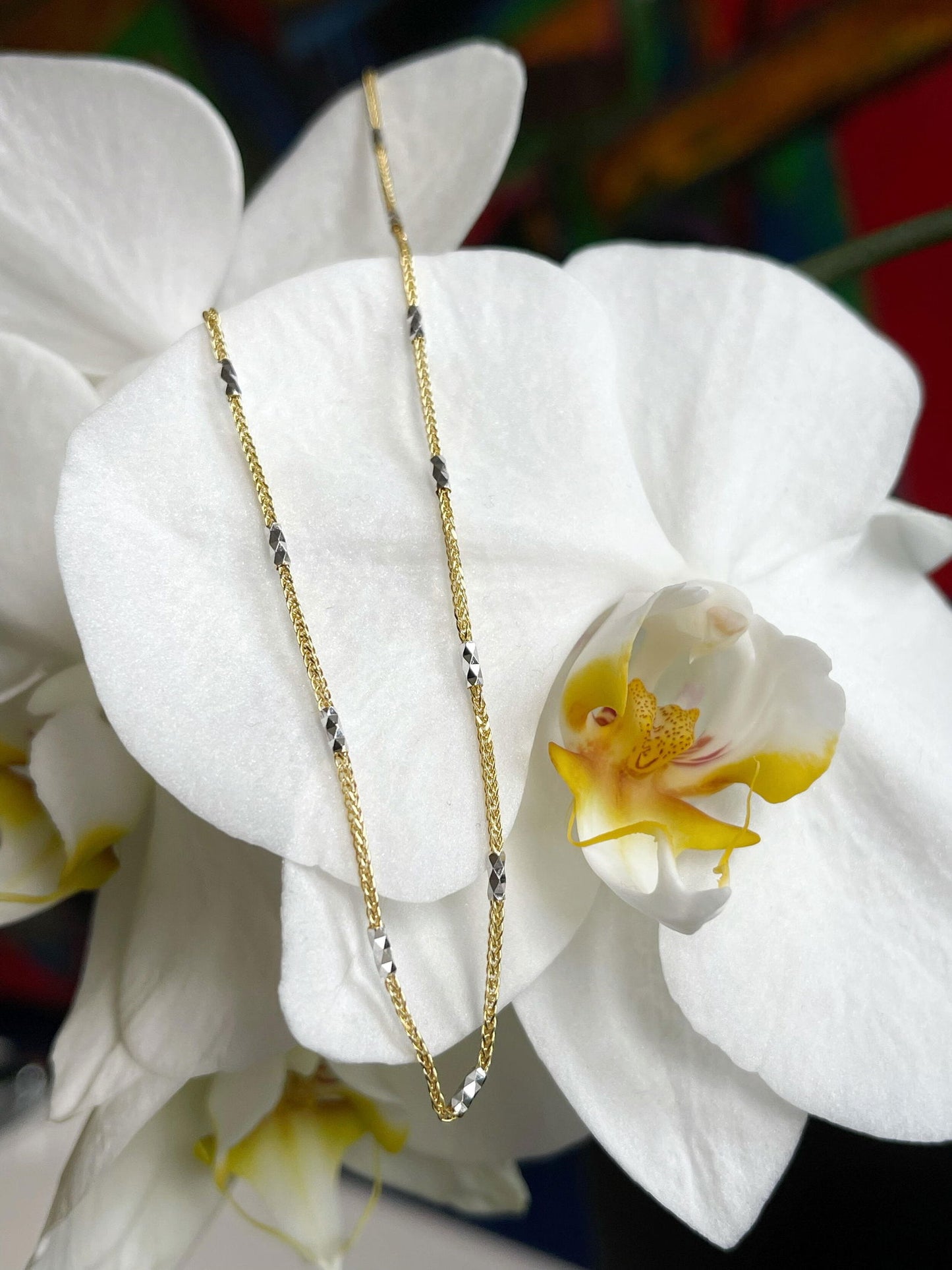Photo of Diamond Cut Fancy Chain in a decorative scene, designed by , available at Plumb Gold & Plumb Silver