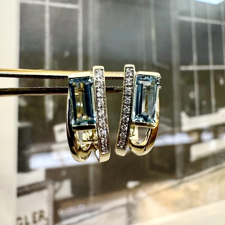Baguette Cut Blue Topaz Huggies