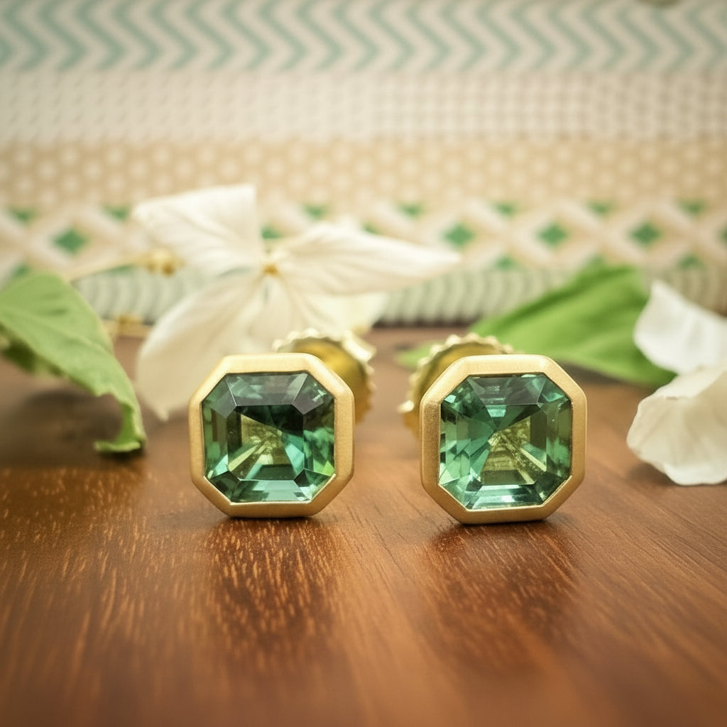 Asscher Cut Green Tourmaline Studs