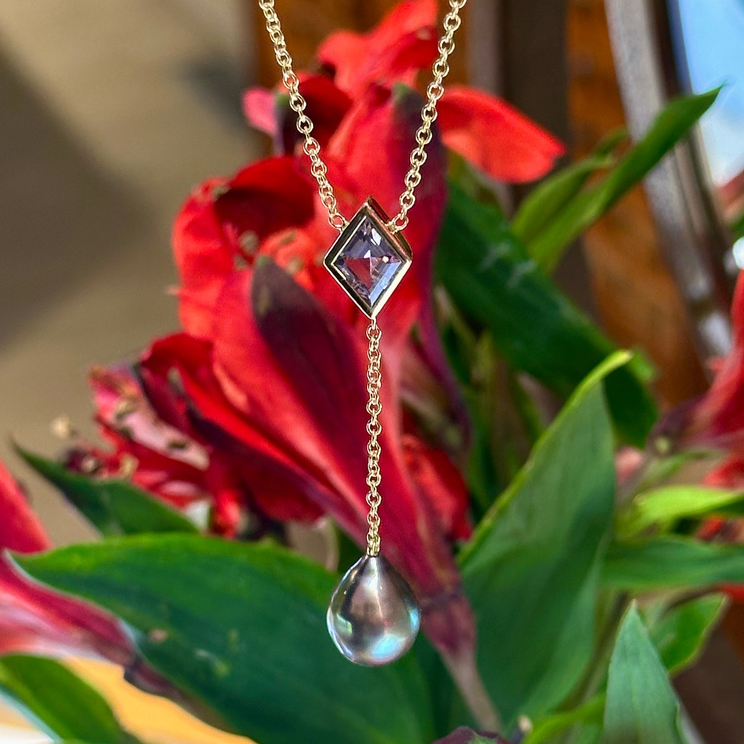 Grey Spinel and Tahitian Pearl Y Necklace