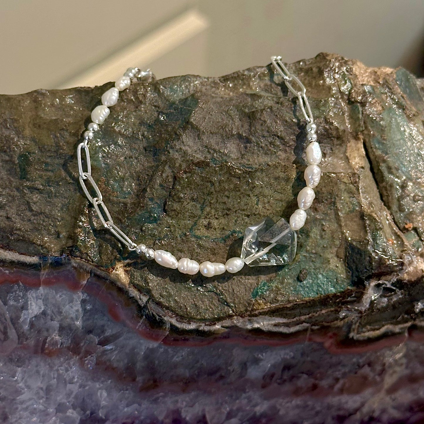 Silver Paperclip Pearl and Quartz Bracelet