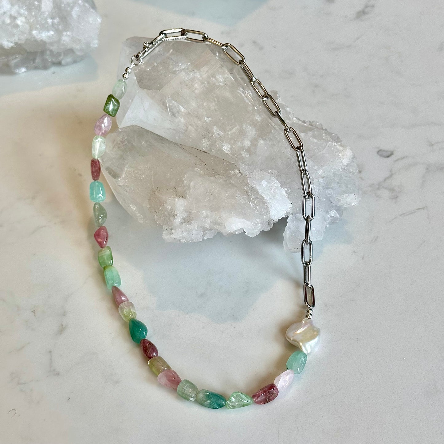 Tourmaline and Pearl Paperclip Necklace