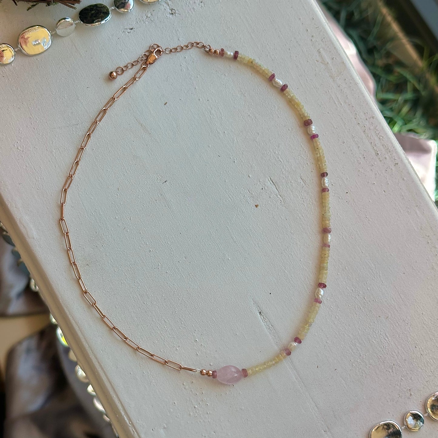 Opal Tourmaline and Pearl Paperclip Necklace