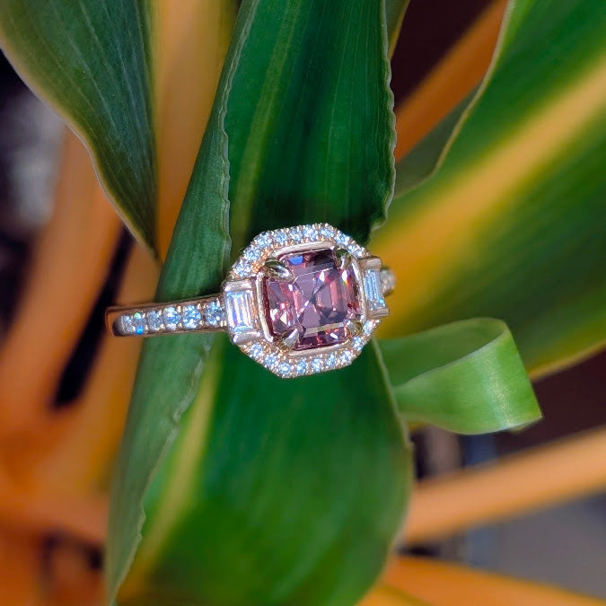 Baguette Accented Halo Zircon Ring