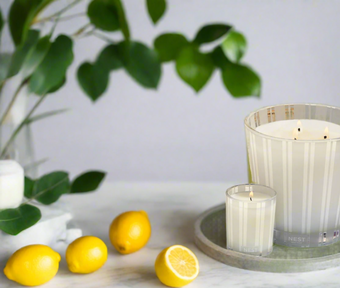 Photo of Amalfi Lemon & Mint candle in a decorative scene, designed by , available at Plumb Gold & Plumb Silver