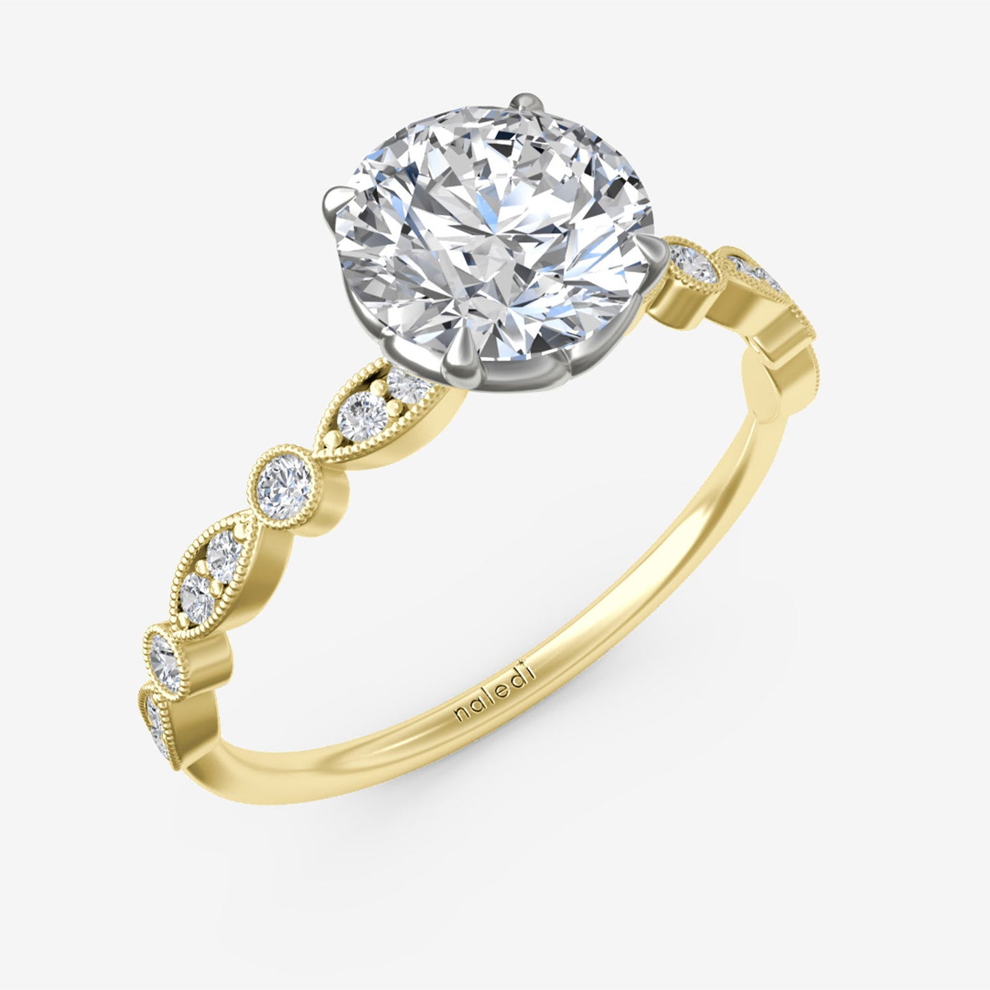 Photo of "Andrea" Engagement Mounting in a decorative scene, designed by , available at Plumb Gold & Plumb Silver