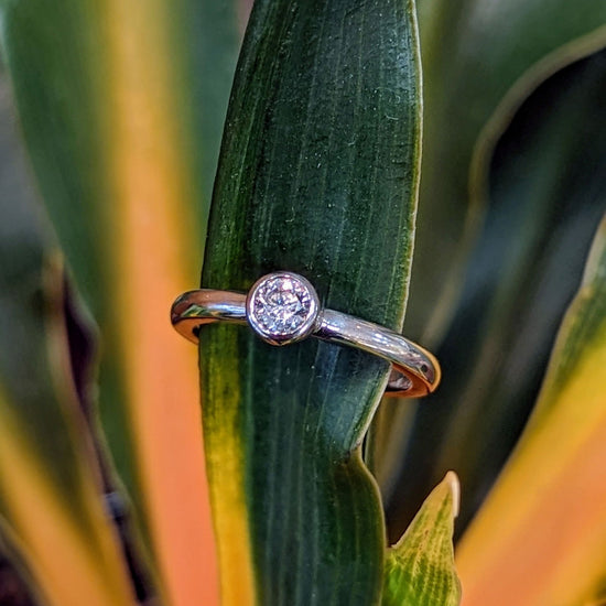 Photo of Bezel CZ Solitaire in a decorative scene, designed by , available at Plumb Gold & Plumb Silver