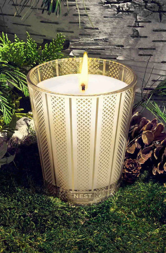 Photo of Birchwood Pine Candle in a decorative scene, designed by , available at Plumb Gold & Plumb Silver