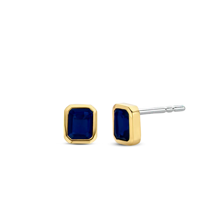 Photo of Blue Cubic Zirconia Studs in a decorative scene, designed by , available at Plumb Gold & Plumb Silver