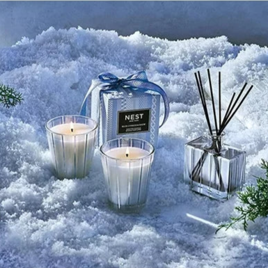 Photo of Blue Cypress & Snow Candle in a decorative scene, designed by , available at Plumb Gold & Plumb Silver
