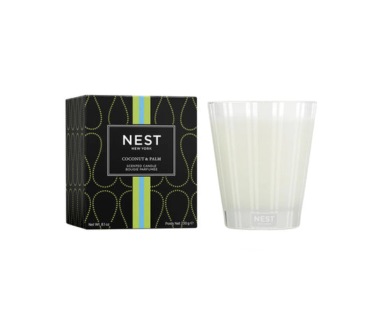 Photo of Coconut and Palm Candle in a decorative scene, designed by , available at Plumb Gold & Plumb Silver
