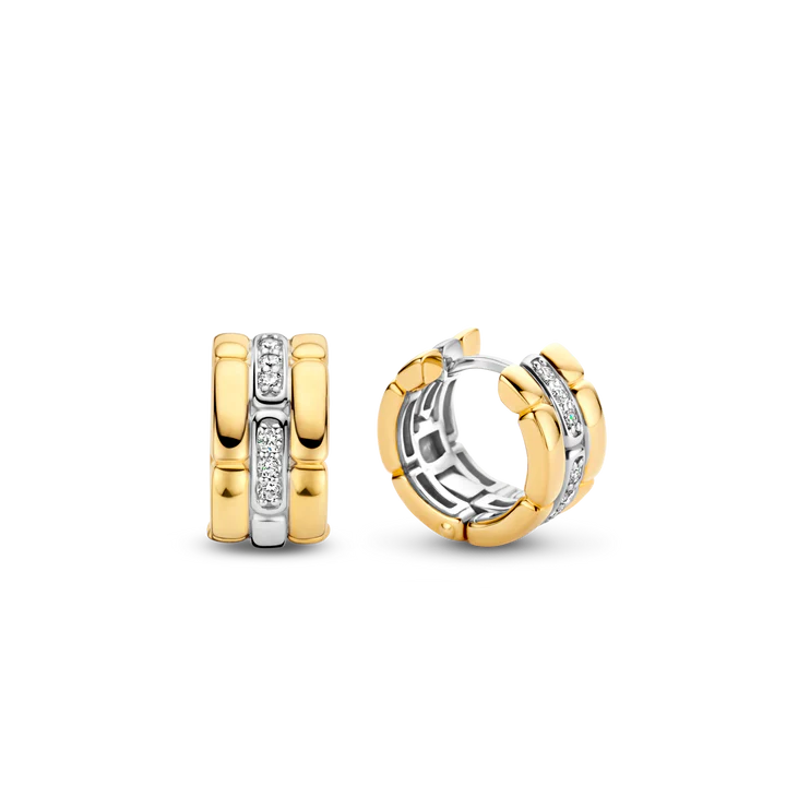 Photo of Cubic Zirconia Fancy Link Hoops in a decorative scene, designed by , available at Plumb Gold & Plumb Silver