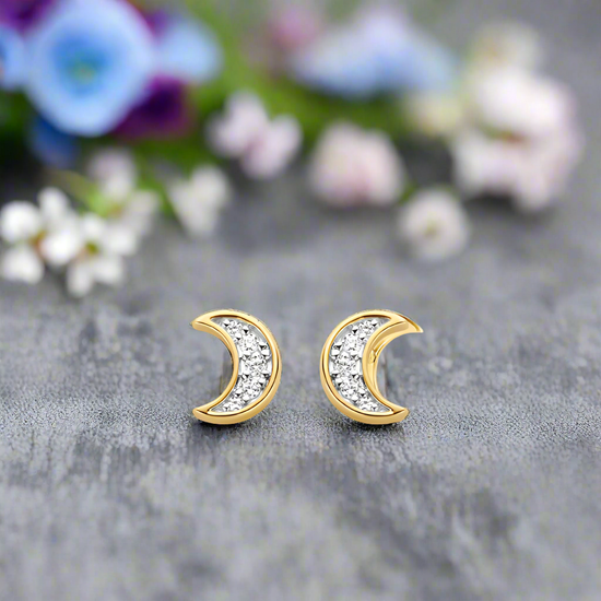 Photo of Cubic Zirconia Moon Studs in a decorative scene, designed by , available at Plumb Gold & Plumb Silver