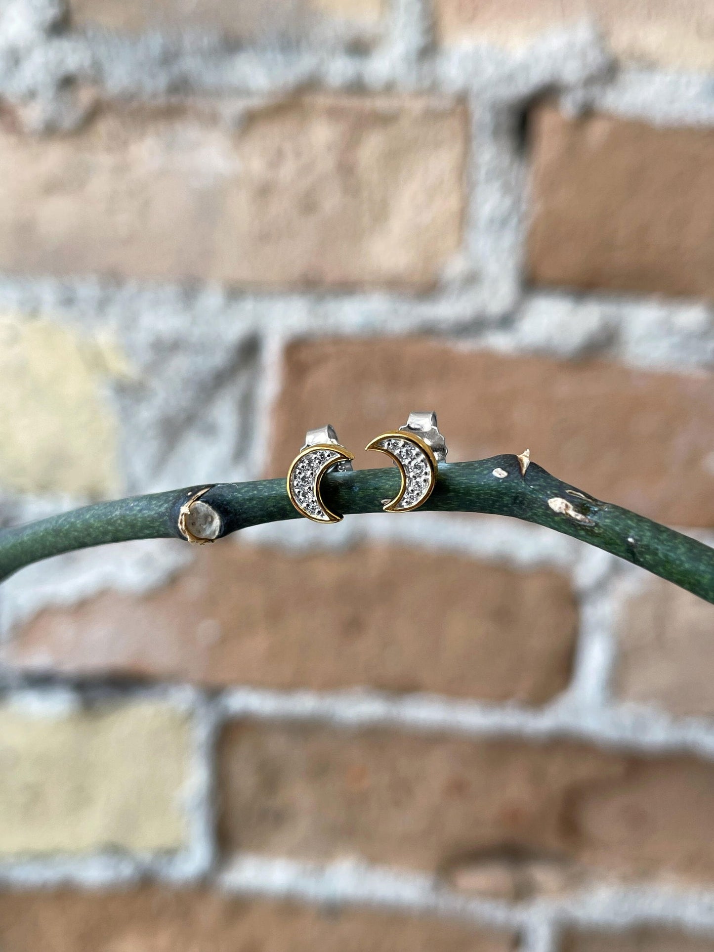 Photo of Cubic Zirconia Moon Studs in a decorative scene, designed by , available at Plumb Gold & Plumb Silver
