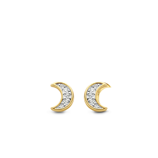 Photo of Cubic Zirconia Moon Studs in a decorative scene, designed by , available at Plumb Gold & Plumb Silver