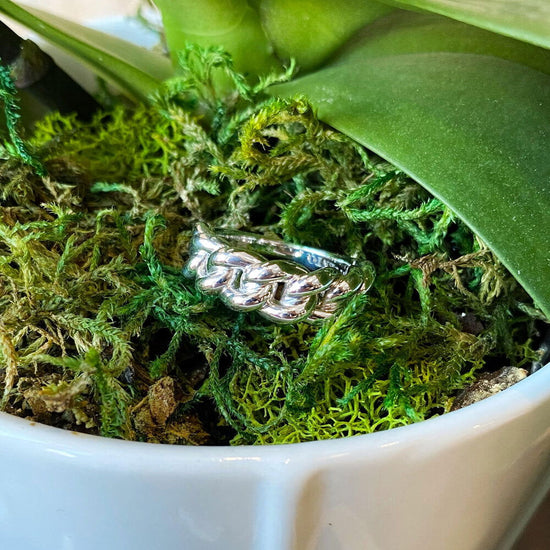 Photo of Curb Link Ring in a decorative scene, designed by , available at Plumb Gold & Plumb Silver