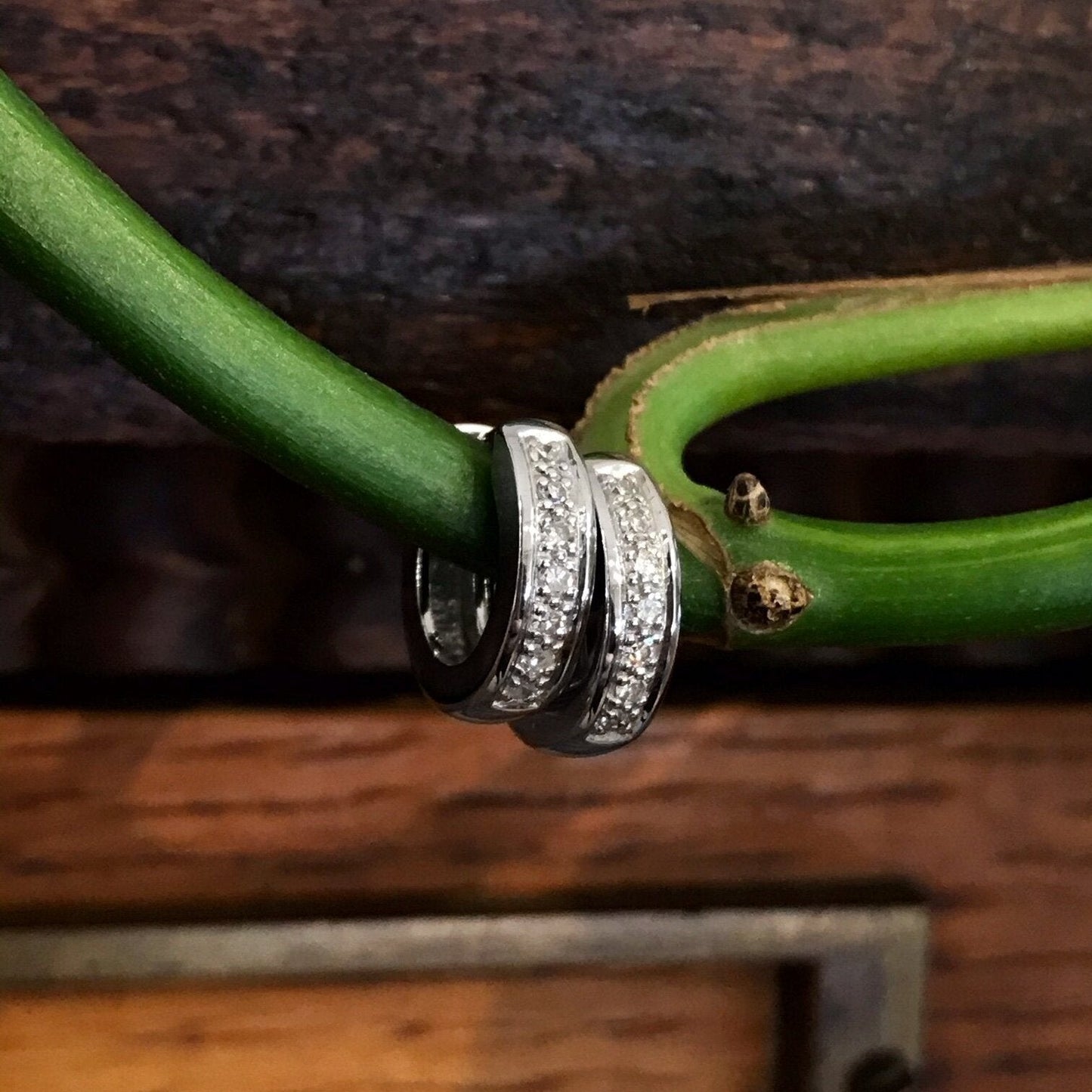 Photo of Diamond Huggies in a decorative scene, designed by , available at Plumb Gold & Plumb Silver