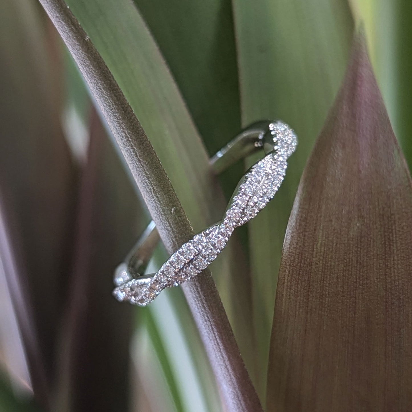 Photo of "Fiona" Twist Band in a decorative scene, designed by , available at Plumb Gold & Plumb Silver
