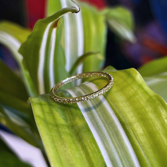 Photo of Gemstone Eternity Band in a decorative scene, designed by , available at Plumb Gold & Plumb Silver