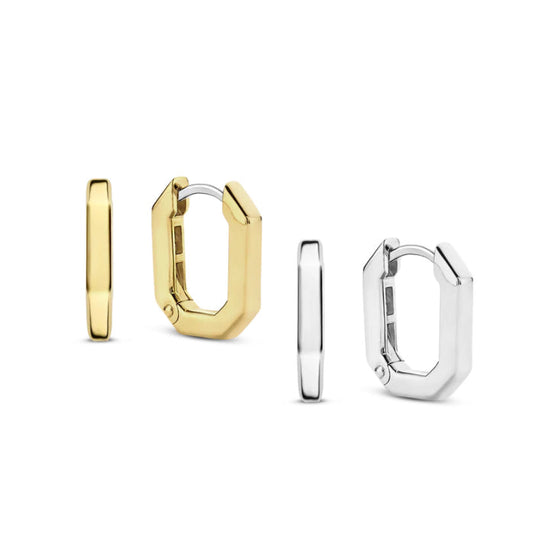 Photo of Hex Hinged Hoops in a decorative scene, designed by , available at Plumb Gold & Plumb Silver