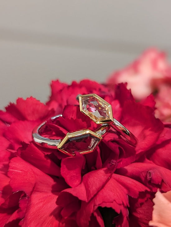 Photo of Hexagon Bezel Ring in a decorative scene, designed by , available at Plumb Gold & Plumb Silver
