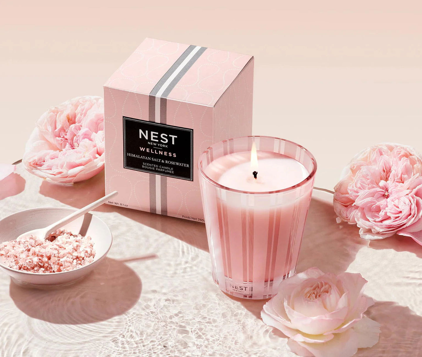 Photo of Himalayan Salt and Rosewater Candle in a decorative scene, designed by , available at Plumb Gold & Plumb Silver