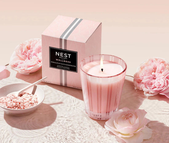 Photo of Himalayan Salt and Rosewater Candle in a decorative scene, designed by , available at Plumb Gold & Plumb Silver