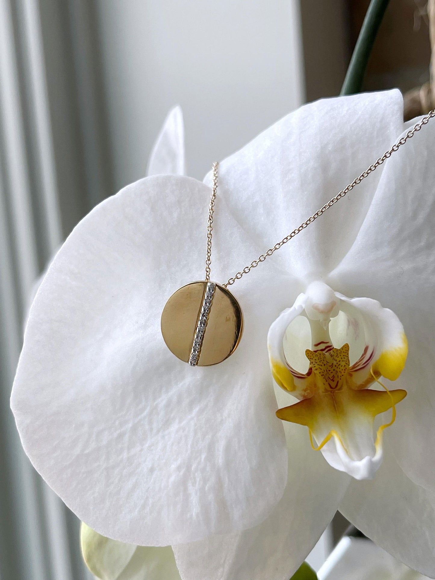 Photo of I.Reiss Diamond Disk Necklace in a decorative scene, designed by , available at Plumb Gold & Plumb Silver
