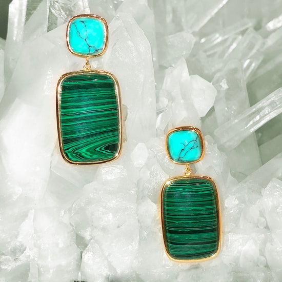Photo of Malachite and Turquoise Earrings in a decorative scene, designed by , available at Plumb Gold & Plumb Silver