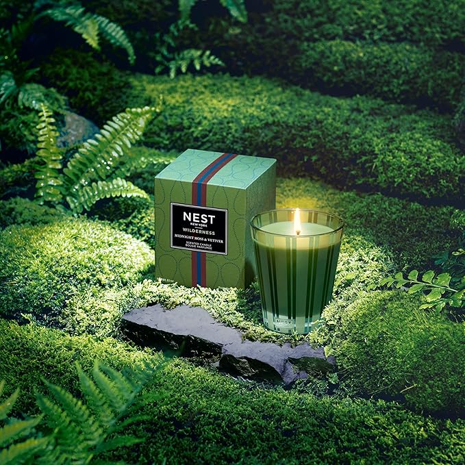 Photo of Midnight Moss and Vetiver Candle in a decorative scene, designed by , available at Plumb Gold & Plumb Silver