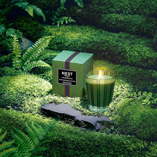 Photo of Midnight Moss and Vetiver Candle in a decorative scene, designed by , available at Plumb Gold & Plumb Silver