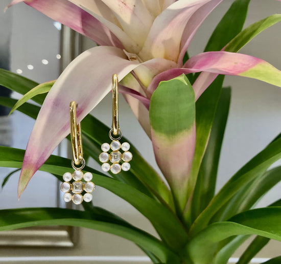 Photo of "Pearl Patchwork" Charms in a decorative scene, designed by , available at Plumb Gold & Plumb Silver