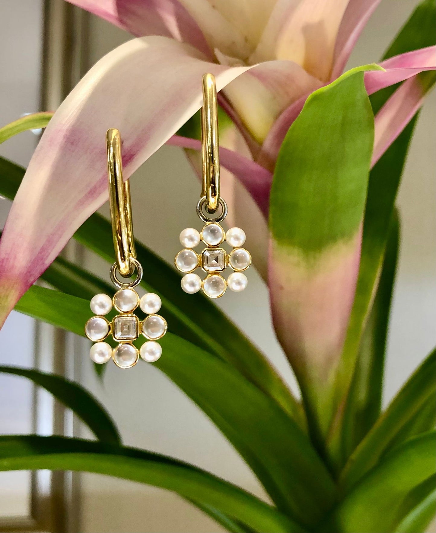 Photo of "Pearl Patchwork" Charms in a decorative scene, designed by , available at Plumb Gold & Plumb Silver