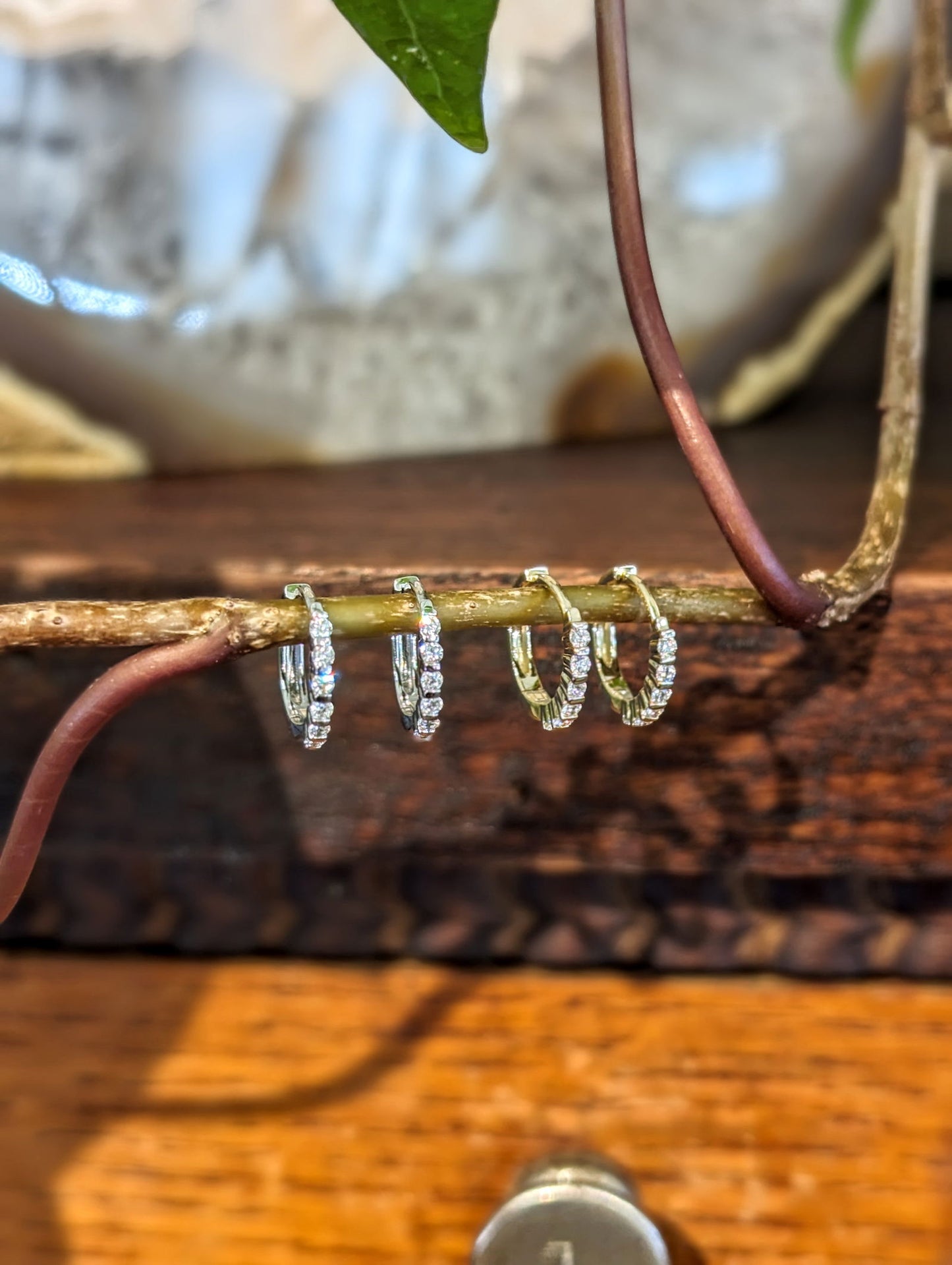 Photo of Petite Diamond Hoops in a decorative scene, designed by , available at Plumb Gold & Plumb Silver