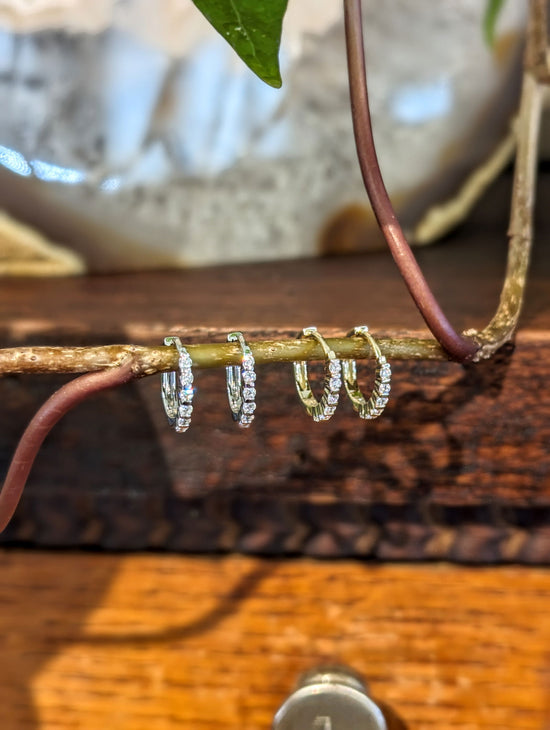 Photo of Petite Diamond Hoops in a decorative scene, designed by , available at Plumb Gold & Plumb Silver