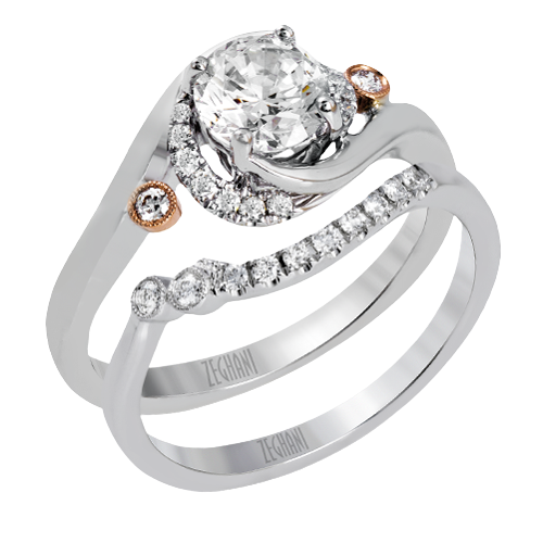 Photo of "Rose" Botanical Swirl Engagement Ring or Band in a decorative scene, designed by , available at Plumb Gold & Plumb Silver