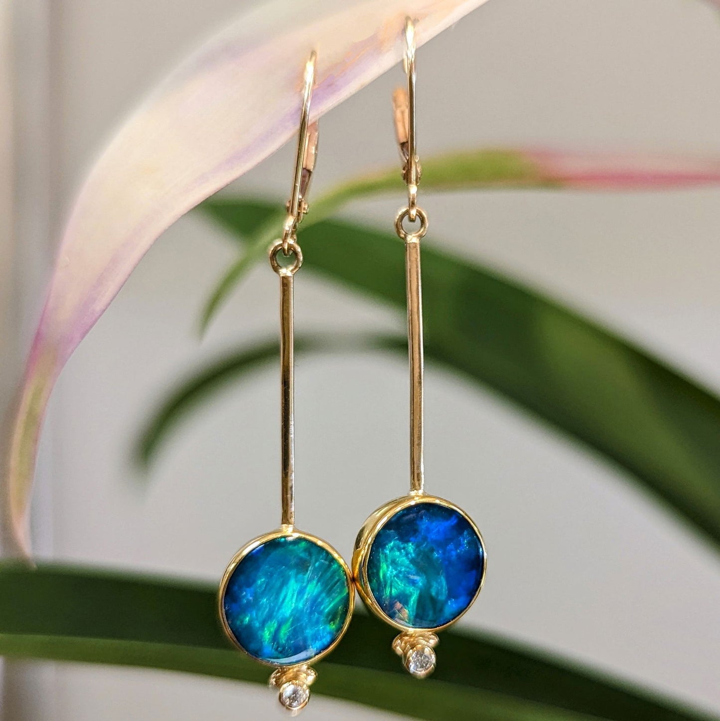 Photo of Round Opal Drops in a decorative scene, designed by , available at Plumb Gold & Plumb Silver