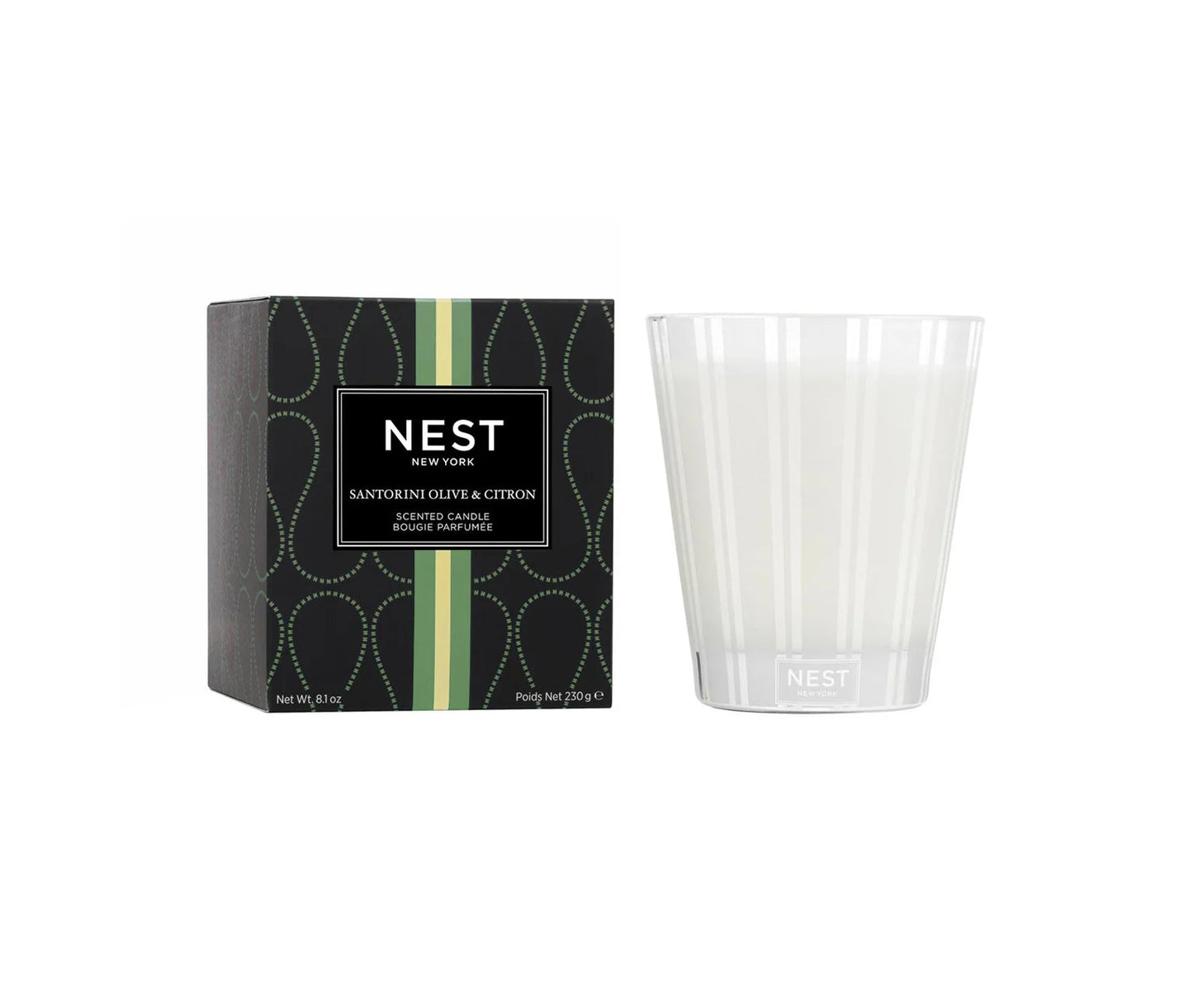 Photo of Santorini Olive and Citron Candle in a decorative scene, designed by , available at Plumb Gold & Plumb Silver