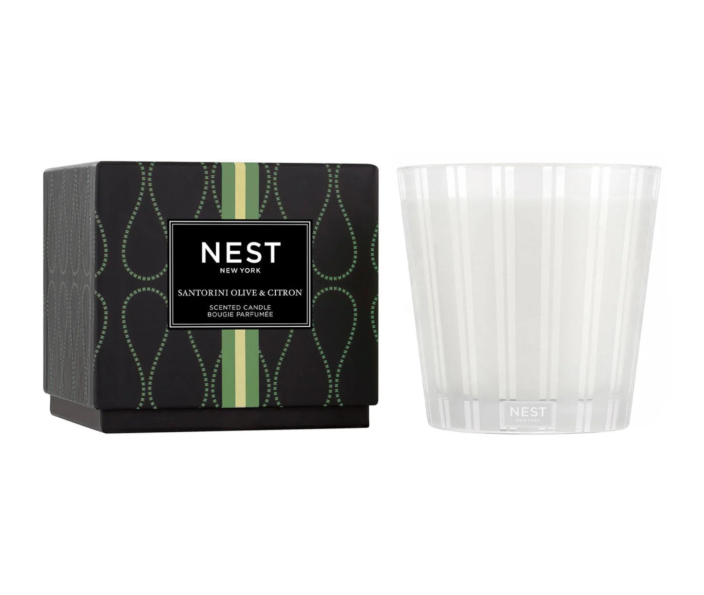 Photo of Santorini Olive and Citron Candle in a decorative scene, designed by , available at Plumb Gold & Plumb Silver