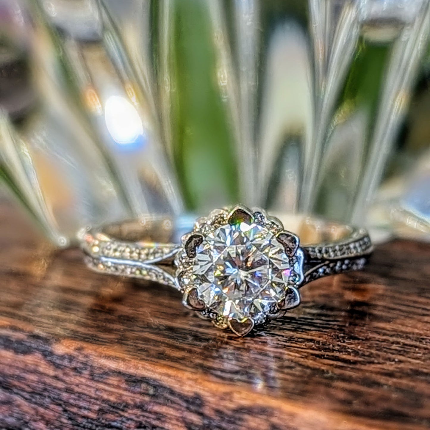 Photo of "Snowdrop" Ring in a decorative scene, designed by , available at Plumb Gold & Plumb Silver
