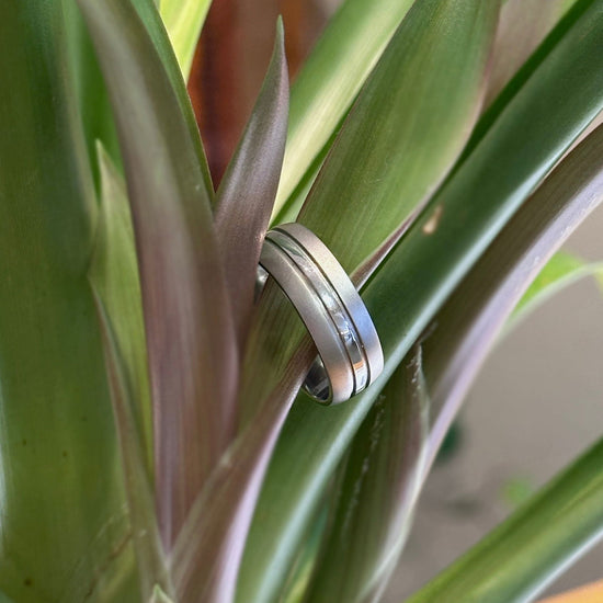 Photo of Titanium Double Grooved Band in a decorative scene, designed by , available at Plumb Gold & Plumb Silver