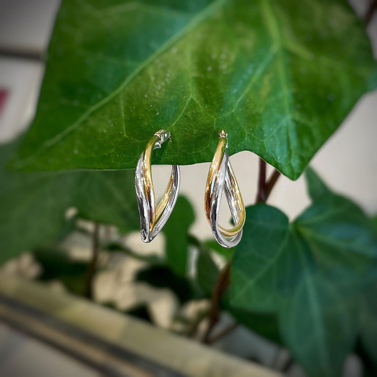 Photo of Two-tone Freeform Hoops in a decorative scene, designed by , available at Plumb Gold & Plumb Silver