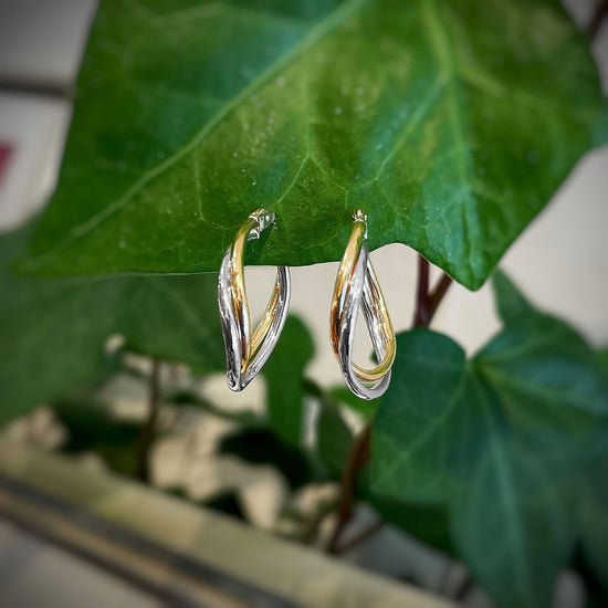 Photo of Two-tone Freeform Hoops in a decorative scene, designed by , available at Plumb Gold & Plumb Silver