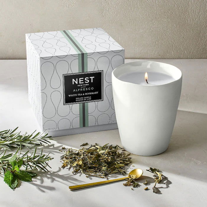 Photo of White Tea & Rosemary Alfresco in a decorative scene, designed by , available at Plumb Gold & Plumb Silver