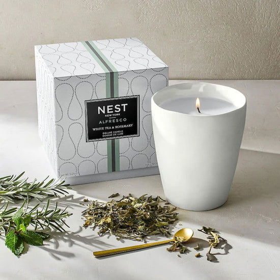 Photo of White Tea & Rosemary Alfresco in a decorative scene, designed by , available at Plumb Gold & Plumb Silver
