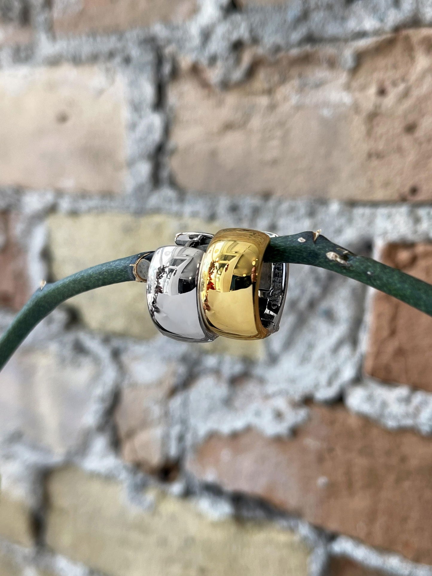 Photo of Wide Reversible Hoops in a decorative scene, designed by , available at Plumb Gold & Plumb Silver