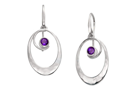 Photo of ophia Oval Amethyst Drop Earrings in a decorative scene, designed by , available at Plumb Gold & Plumb Silver