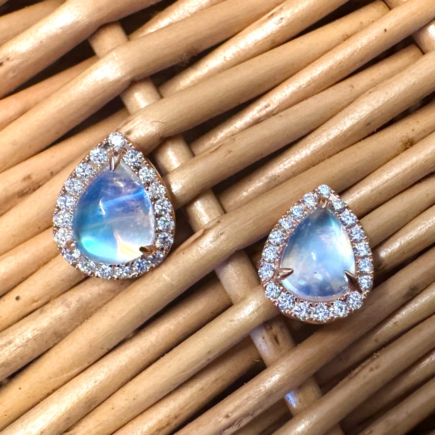 Pear Moonstone Halo Earrings