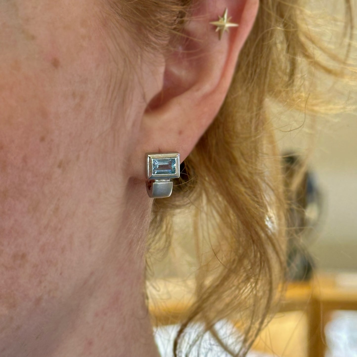 Blue Topaz Baguette Huggies