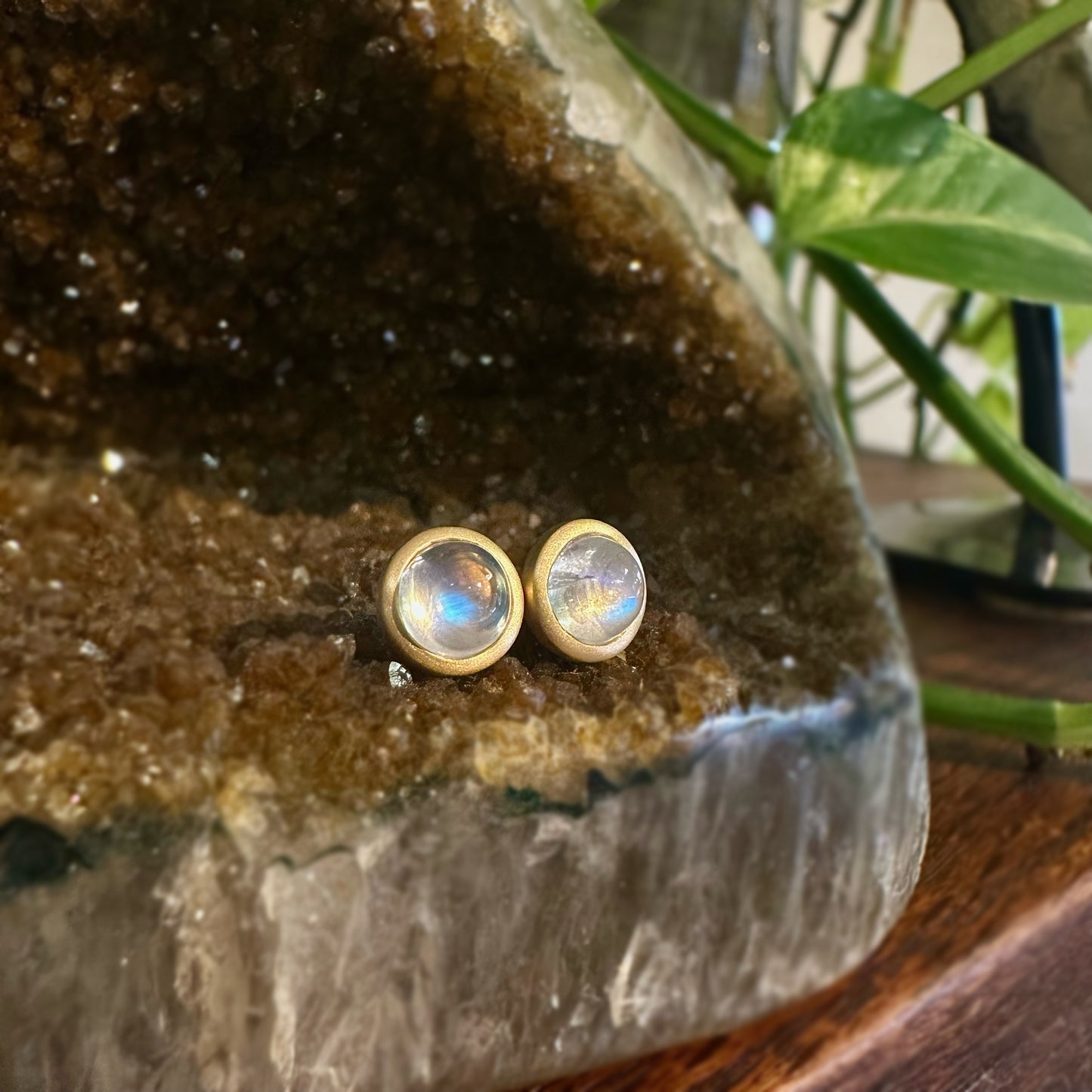 Round Moonstone Bezel Studs